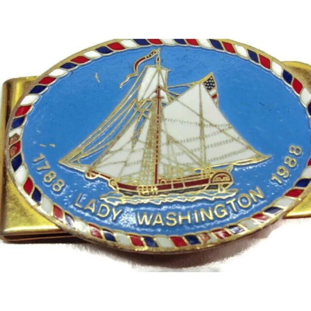 Lady Washington Ship Money Clip Red White Blue GoldT Vtg Cash Holder Credit Card